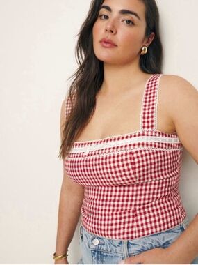 Reformation Red and White Gingham Square Neck Tank